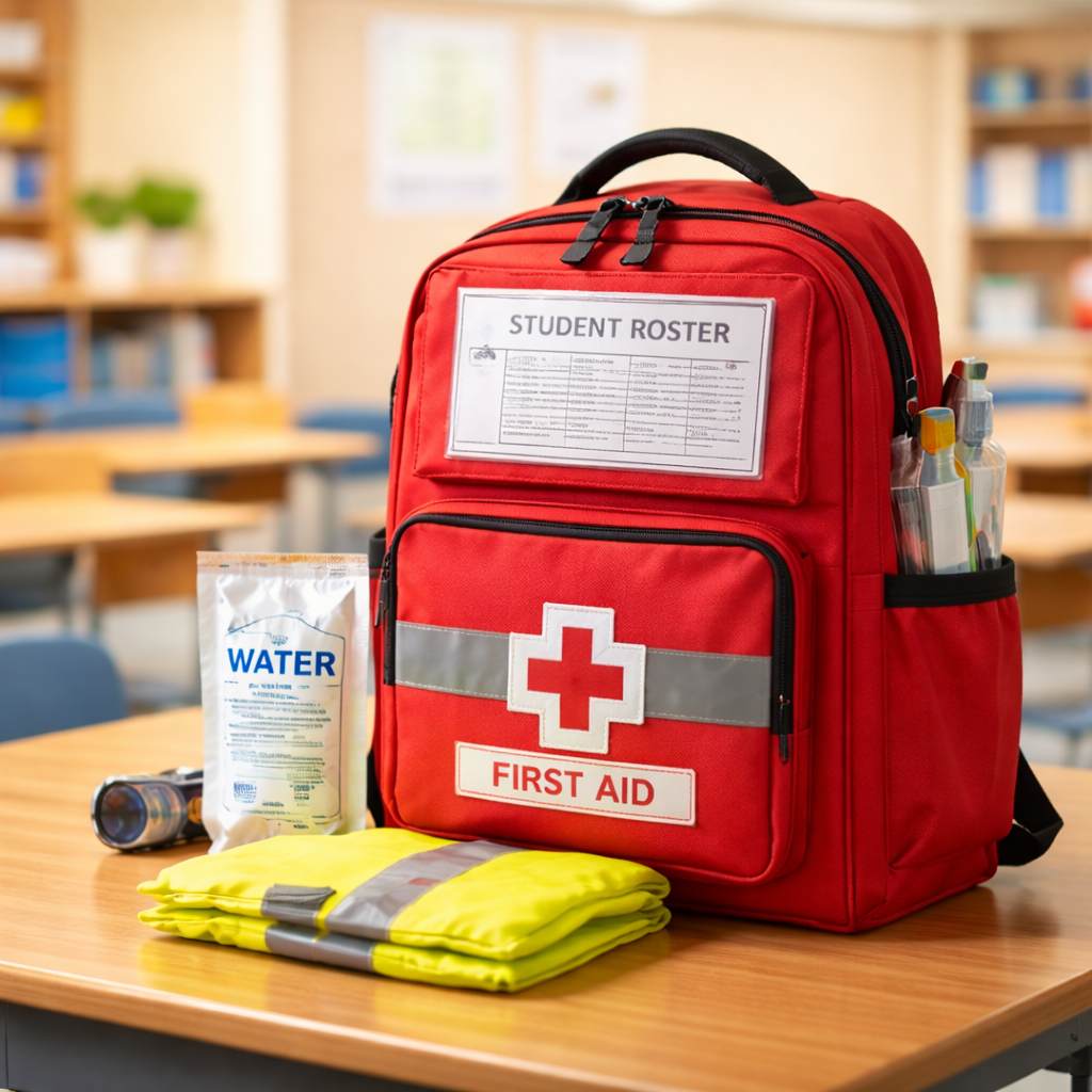 A red school emergency go-kit backpack containing a roster and first aid supplies resting on a classroom desk.